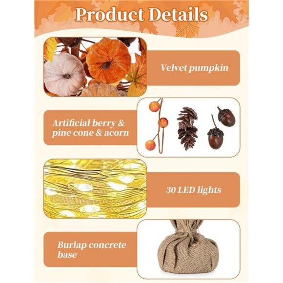 Fall Decorations for Home Table: 19.7 Inch Faux Tree with Timer 30 LED - Picture 6 of 7